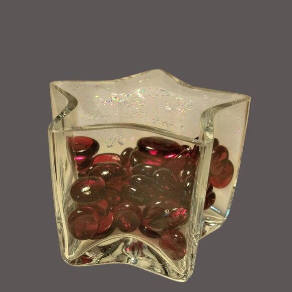 Star Shape Glass Votive Candle holder Red Marbles Tealight - Picture 2 of 6